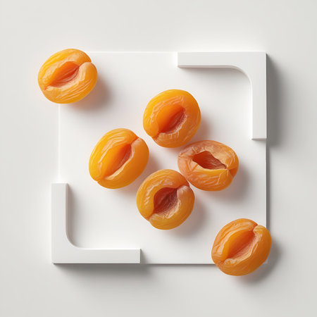 Several bright orange dried apricot halves are scattered across a white square surface that features a minimalist white geometric frame. The apricots are presented in their halved form, showcasing their wrinkled texture and rich color. The clean white background and the structured frame provide a contemporary setting for the natural fruit. The lighting casts subtle shadows, adding depth to the scene.の素材