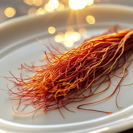 A close-up shot of a bundle of delicate saffron threads resting on a white ceramic plate. The threads are a vibrant reddish-orange color with fine, wispy strands. The background is softly blurred with warm, golden bokeh lights, suggesting a cozy or festive atmosphere. A sun flare effect adds a bright, luminous quality to the scene.の素材