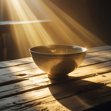 A speckled ceramic bowl is placed on an old wooden table, bathed in the warm glow of sunlight. Distinct rays of light and their corresponding shadows are cast across the scene, highlighting the rough texture of the wood and the subtle patterns on the bowl. The composition focuses on the interplay of light and shadow on everyday objects.の素材
