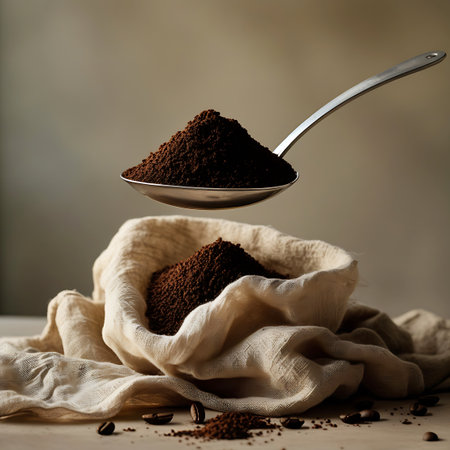 Holds showing spoonful of ground coffee over a fabric bag keywords: coffee, ground coffee, coffee beans, spoon, metal spoon, bag, fabric, cloth, pouring, powder, dark, brown, aroma, caffeine, breakfast, morning, beverage, drink, food, ingredient, preparation, kitchen, close-up, detail, texture, scattered, pile, tabletop, light, natural, organic, rustic, burlap, linen description: a metal spoon holds a mound of dark ground coffee, positioned above a loosely gathered fabric bag also filled...の素材