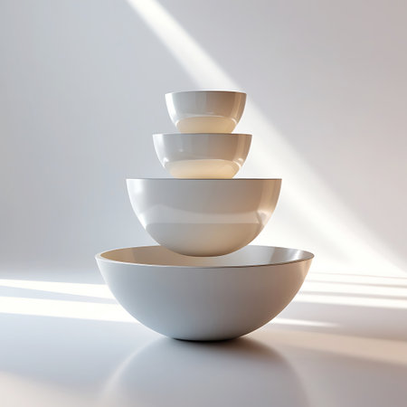 Four white ceramic bowls are neatly stacked on a white surface, arranged in ascending order of size from top to bottom. The smallest bowl rests on the second smallest, which sits on the third, and the largest bowl forms the base. Soft, diffused light illuminates the scene, creating subtle highlights and shadows that emphasize the smooth, curved forms of the bowls. The composition is clean, minimalist, and visually balanced.の素材