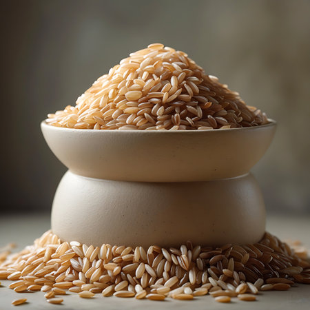 A close-up view of two stacked, light-colored ceramic bowls filled with uncooked brown rice grains. The top bowl is overflowing, with a large mound of rice spilling down and scattering around the base of the stacked structure. The rice grains are elongated and have a natural, earthy brown hue. Soft studio lighting accentuates the texture and detail of the grains against a muted, neutral background.の素材