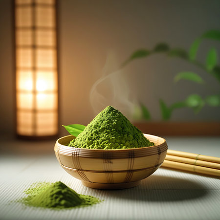 A close-up shot of vibrant green matcha powder piled high in a rustic bamboo bowl. Wisps of steam rise from the powder, suggesting warmth and freshness. A few bamboo chasen sticks lie to the right of the bowl, tied with string. A small pile of matcha powder is scattered on the light-colored surface in front of the bowl. The background features a softly lit Japanese-style lantern and blurred green foliage, creating a serene and inviting atmosphere.の素材