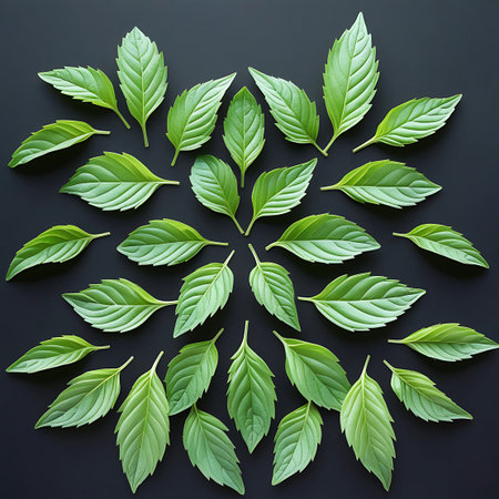 A symmetrical arrangement of numerous fresh green basil leaves is scattered across a black background. The leaves are positioned in a visually balanced manner, with some oriented in clusters and others individually. The detailed texture and vibrant green color of each leaf are clearly visible, creating an appealing natural pattern against the dark backdrop.の素材