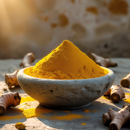 A close-up view of a stone bowl overflowing with bright yellow turmeric powder. Several fresh turmeric roots are arranged around the bowl on a textured surface. Golden sunlight illuminates the scene, creating a warm atmosphere and casting distinct shadows.の素材
