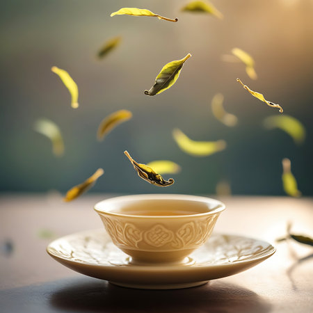 Several dried tea leaves are depicted in mid-air, gracefully falling towards a delicate ceramic cup filled with golden brewed tea. The cup rests on a matching saucer, both featuring an ornate, embossed pattern. The background is softly blurred with warm, diffused light, highlighting the tea and the falling leaves.の素材