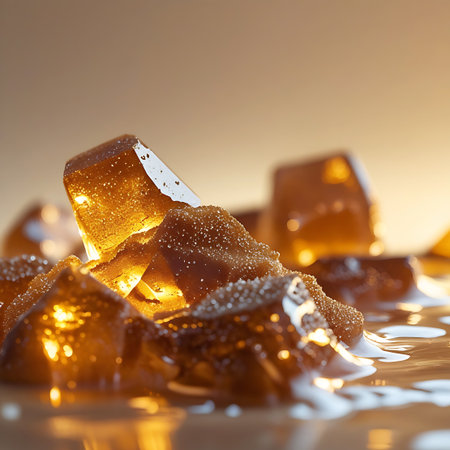 This macro photograph features several translucent amber sugar cubes partially submerged in a pool of liquid caramel. The sugar crystals are illuminated, revealing their internal structure and a granular surface. The caramel is a rich brown color, with highlights reflecting off its smooth, viscous surface. The background is softly blurred with warm, golden bokeh, creating a dreamy and appetizing effect.の素材