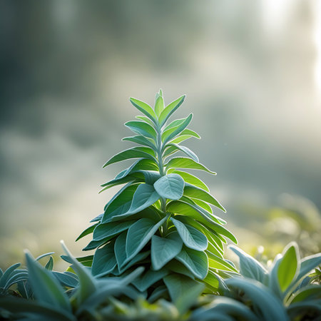 A healthy, young sage plant with distinctively layered green leaves is the focus of this image. The plant is growing in the ground, and soft, diffused sunlight highlights its vibrant color and textured foliage. The background is a gentle blur of green and light, drawing the viewer's eye to the central specimen.の素材