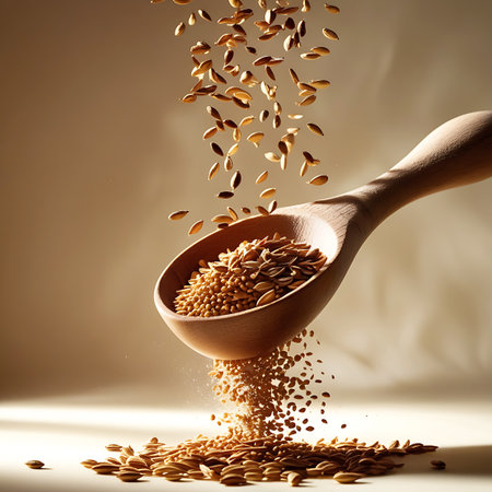 A wooden scoop is tilted, pouring a stream of small, round mustard seeds onto a growing pile. Many individual seeds are scattered in the air, creating a sense of motion and abundance. The lighting is soft and atmospheric, with gentle highlights and shadows that emphasize the textures of the seeds and the scoop.の素材