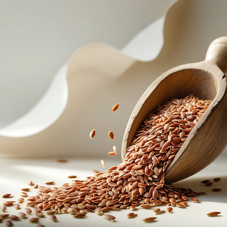 A close-up shot of a wooden scoop filled with small, oval-shaped flax seeds. The scoop is tilted, and a stream of flax seeds is spilling out onto a white surface, scattering around. The lighting is soft, creating gentle shadows and highlighting the texture of the seeds. The background is a soft, abstract blur of beige and white, with a subtle curved shape.の素材