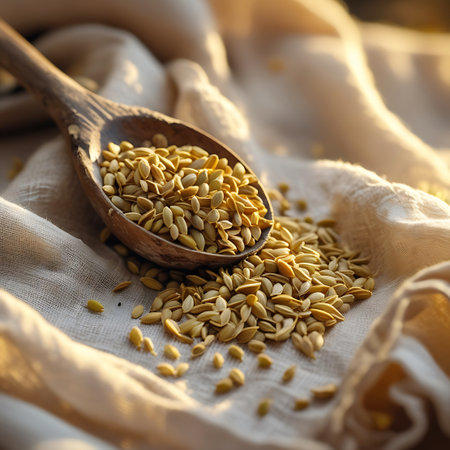 A close-up photograph features a wooden spoon filled with yellowish-green grains. The spoon is positioned on a textured beige fabric, with a few grains spilled around it. The scene is illuminated by warm, natural sunlight, highlighting the texture and subtle color variations of the grains.の素材