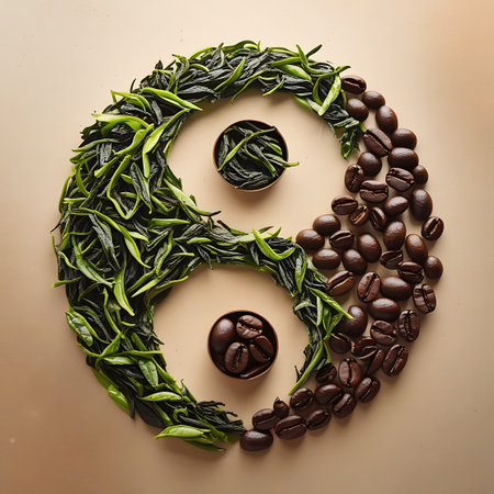 A yin yang symbol is meticulously arranged on a neutral beige background. One half is composed of dark, roasted coffee beans, while the other half is formed by fresh, vibrant green tea leaves. Two small circular containers, one with tea leaves and the other with coffee beans, are placed within the symbol.の素材