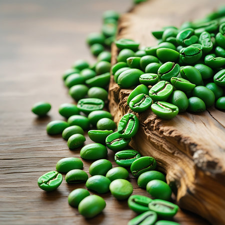 A close-up perspective of numerous raw, green coffee beans scattered on a wooden table surface. Some beans are clustered together, while others are spread out. The image focuses on the texture of the beans and the wood grain of the table. The lighting creates subtle shadows, emphasizing the details of the scene.の素材