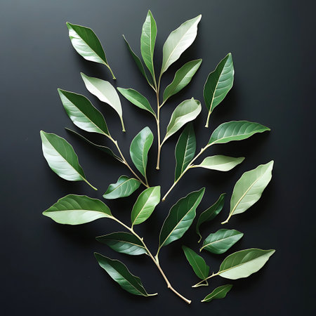 A collection of fresh green leaves and slender branches are artfully scattered across a dark, solid background. The arrangement is viewed from directly above, highlighting the natural shapes and textures of the foliage. The leaves exhibit a glossy finish and visible vein patterns.の素材