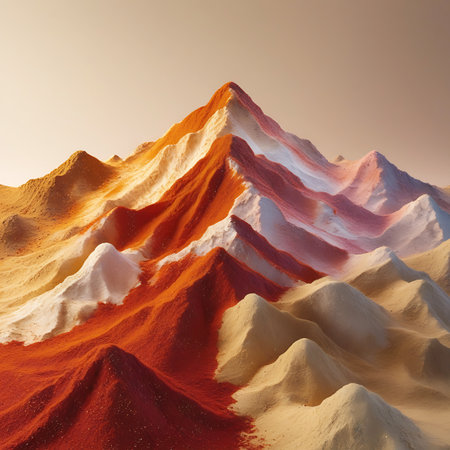 An abstract mountain range composed of layered powders in striking colors of red, orange, and white. The textures are granular, mimicking sand or fine dust. The composition features undulating peaks and valleys, with a soft, diffused light source creating subtle highlights and shadows.の素材