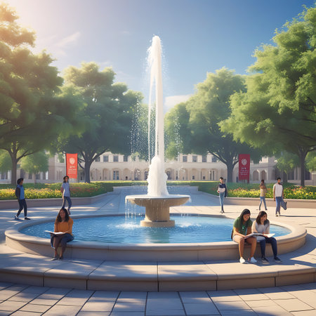 A picturesque university plaza on a clear, sunny day. A central fountain shoots water into the air, surrounded by students sitting on the fountain's edge, engaged with books. Lush green trees and flower beds create a welcoming atmosphere, with the facade of a university building visible behind the trees. Red banners are displayed.の素材