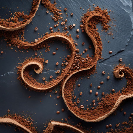 A close-up, top-down view of dark, swirling patterns of finely ground coffee and whole roasted coffee beans scattered across a dark, textured slate surface. The composition creates an organic and artistic design, evoking the aroma and richness of coffee.の素材