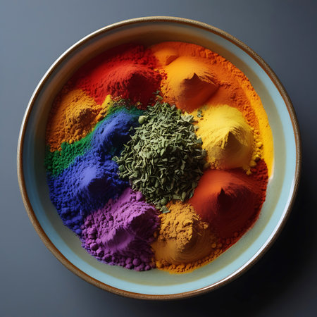 A top-down view of a light blue ceramic bowl filled with a vibrant spectrum of colorful spice powders and dried herbs. The spices are arranged in distinct piles, forming a rainbow effect. Shades of red, orange, yellow, green, blue, and purple powders are visible, with a central mound of dark green dried herbs. The textures of the fine powders and the leafy herbs are clearly defined. The bowl has a light brown rim and sits on a dark gray surface.の素材