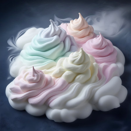 A vibrant arrangement of pastel-colored whipped cream peaks and swirls in shades of pink, yellow, green, blue, purple, and white. Wisps of mist or vapor gently rise from the creamy mass, creating a soft, atmospheric effect against a dark background. The textures are smooth and inviting.の素材