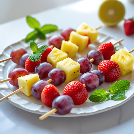 A close-up shot showcases an assortment of fruit kebabs artfully arranged on a white, scalloped-edged plate. The kebabs feature alternating pieces of bright yellow pineapple, plump red strawberries, and deep purple grapes. Fresh mint leaves are scattered amongst the fruit, adding a touch of green. The lighting is soft, highlighting the glistening surfaces of the fruit.の素材
