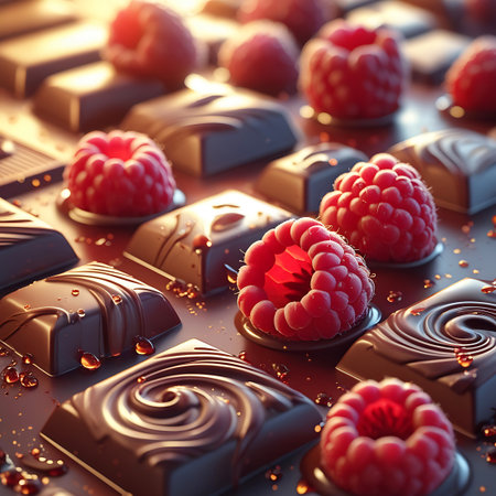 A detailed macro shot of various dark chocolate pieces, some with decorative swirls and others with smooth surfaces. Fresh, plump raspberries are scattered across the chocolate, some glistening with small droplets of liquid, suggesting a fresh and moist texture. The lighting highlights the glossy sheen of the chocolate and the vibrant red of the berries, creating an enticing and luxurious food image.の素材