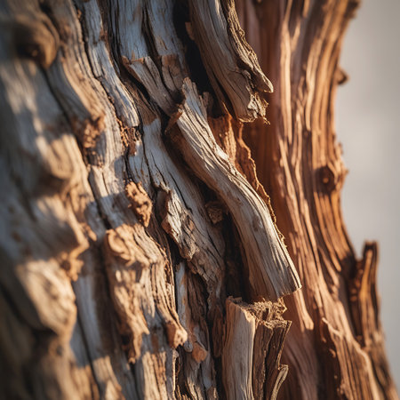 An abstract, close-up view of gnarled and weathered tree bark. The texture is complex, with twisted and knotted sections, deep crevices, and rough surfaces. The color palette includes shades of brown and gray, with highlights and shadows created by natural light, emphasizing the organic and aged character of the wood.の素材