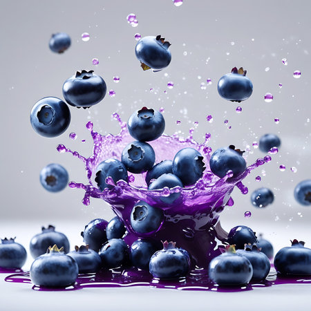 A vibrant splash of purple juice is captured in mid-air, surrounded by numerous fresh blueberries. Some berries are falling, others are submerged in the liquid, and many are scattered around the base, creating a lively and energetic composition. The image is set against a clean, light background, focusing attention on the dynamic action and rich colors of the fruit and juice.の素材