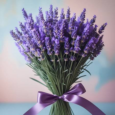 A close-up view of a lush bouquet of vibrant purple lavender flowers, their delicate blooms tightly packed on green stems. The bouquet is neatly tied with a satin purple ribbon, creating a beautiful contrast. The background is softly blurred with pastel hues of pink and blue, suggesting a gentle, natural setting.の素材