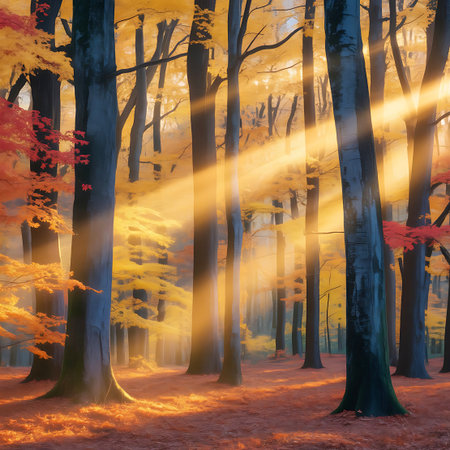 A vibrant autumn forest scene where golden sunbeams stream through the trees, casting warm light rays onto the forest floor covered in colorful fallen leaves. The trees display a spectrum of autumn colors, from bright yellow and orange to hints of red. The atmosphere is warm, serene, and captures the beauty of the fall season.の素材