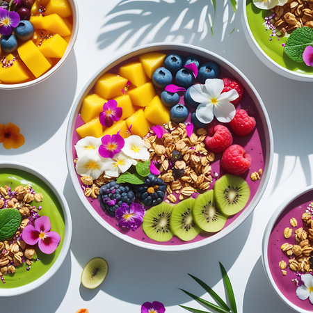 Multiple colorful smoothie bowls are arranged on a white surface, viewed from directly overhead. Each bowl features a vibrant smoothie base topped with granola, fresh berries like raspberries and blueberries, sliced mango, kiwi, and banana. Edible flowers in various colors, including purple, pink, and white, are scattered across the bowls and the surrounding surface, adding a decorative and fresh element.の素材