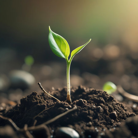 A close-up view of a young, vibrant green seedling with two leaves and a light-colored stem is emerging from dark, clumpy soil. Small pebbles and twigs are visible in the soil. The background is softly out of focus, with a warm bokeh effect, indicating an outdoor setting with diffused sunlight.の素材
