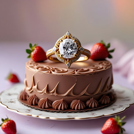 A close-up view of a chocolate cake featuring a detailed diamond ring with a gold setting at its center. The cake is decorated with piped chocolate frosting around the base and a textured chocolate frosting on top. Several fresh strawberries are scattered around the cake, which is presented on a white plate with a gold rim.の素材