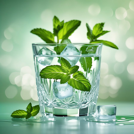 A crystal clear glass, intricately patterned, contains water with floating ice cubes and fresh mint sprigs. The glass is positioned on a wet, reflective surface, showing water droplets and condensation. Loose mint leaves and ice cubes are scattered nearby, set against a soft, blurred green background with bokeh lights.の素材
