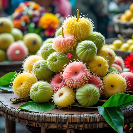 Displays showing colorful exotic fuzzy fruits piled in a wicker basket at a market keywords: exotic fruits, fuzzy fruits, spiky fruits, round fruits, green fruits, yellow fruits, pink fruits, red fruits, natural, organic, fresh, market, food stall, produce, variety, colorful, texture, spiky, prickly, round, piled, stacked, wicker basket, wooden surface, leaves, tropical, unusual, healthy, raw, edible, sweet, sour, juicy, natural food, local market, asian market, vibrant colors, nature,...の素材