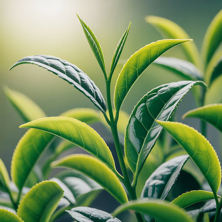 A close-up view of vibrant, fresh green tea leaves on a plant. The leaves are glossy and have a slightly serrated edge. New shoots are reaching upwards, showcasing their delicate structure. Soft sunlight filters through the foliage, creating a gentle bokeh effect in the blurred background, highlighting the natural beauty and freshness of the tea plant.の素材