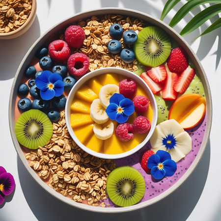A visually stunning smoothie bowl is captured from directly above. The base is a smooth, vibrant purple and green blend, topped generously with crunchy granola. A central bowl holds sliced mango and banana. The outer rim is adorned with fresh raspberries, blueberries, sliced strawberries, and kiwi slices. Delicate edible flowers in shades of blue, yellow, and white add a touch of elegance.の素材