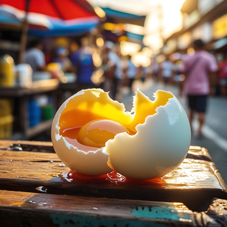 A white egg has been cracked open, revealing a bright, glistening yellow yolk and translucent egg white pooling on a rustic wooden surface. The egg is positioned in the foreground, with a busy, blurred outdoor market scene in the background, bathed in warm, golden sunlight.の素材