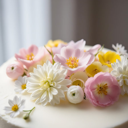 A close-up view of a white cake topped with an assortment of fresh, delicate flowers. The blooms include white chrysanthemums, pink anemones and ranunculus, and small yellow daisies, all arranged artfully on the smooth white frosting. The soft lighting highlights the intricate details of the petals and the creamy texture of the cake.の素材