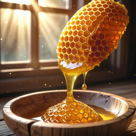 A piece of golden honeycomb, dripping with thick, viscous honey, is held above a rustic wooden bowl. A single drop of honey is about to fall from the honeycomb. Sunbeams stream through a window in the background, casting light rays and illuminating dust particles in the air. The scene is set on a wooden surface.の素材