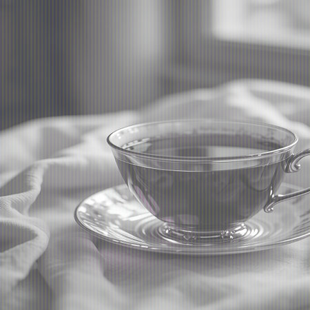 An elegant teacup and saucer, made of a reflective material, are set on a white, draped fabric. The teacup is filled with a dark liquid, likely tea or coffee. The image is in monochrome, with soft lighting creating subtle shadows and highlights that emphasize the delicate details of the cup and saucer.の素材