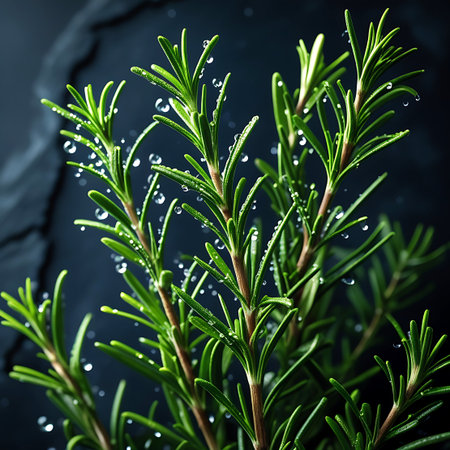 This image features several vibrant green rosemary sprigs covered in glistening water droplets. The herbs are positioned against a dark, subtly textured background, emphasizing their fresh appearance. The focus is on the intricate details of the leaves and the refreshing moisture.の素材