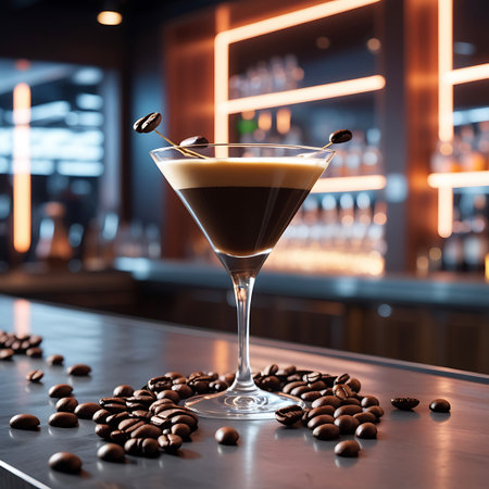 A martini glass containing a dark espresso cocktail with a creamy foam topping is placed on a bar counter. Two skewers, each holding a coffee bean, are inserted into the foam. Coffee beans are scattered around the glass, with a blurred bar environment in the background.の素材