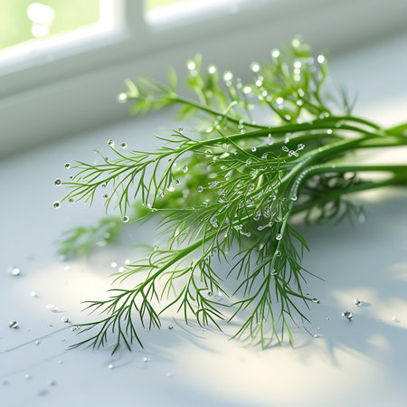 A bunch of fresh green dill sprigs lies on a white surface, each delicate leaf covered in glistening water droplets. Sunlight streams in from the side, creating highlights on the moisture and casting soft shadows. Some droplets are scattered on the surface around the herbs, enhancing the feeling of freshness.の素材