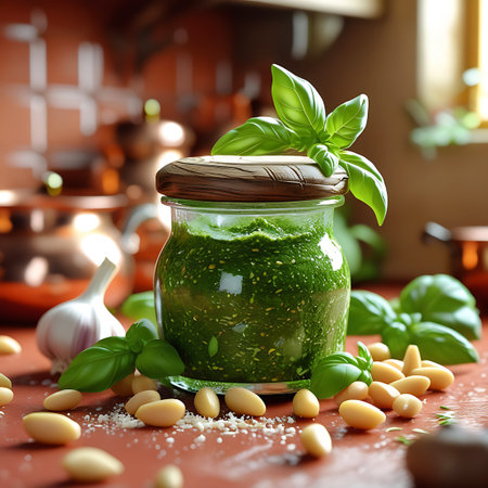 A glass jar filled with vibrant green pesto sits on a reddish-brown surface. Fresh basil leaves, whole pine nuts, and garlic bulbs are scattered around the jar. The background shows a kitchen setting with copper pots and a tiled backsplash.の素材