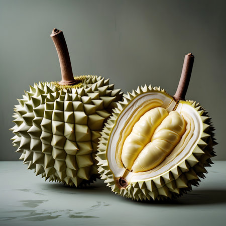 A durian fruit is shown whole next to another that has been cut in half, revealing its creamy yellow flesh. The spiky exterior of both fruits is a dominant feature. The composition highlights the contrast between the intact and opened fruit, with a focus on the texture and color of the flesh.の素材