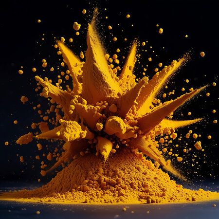 An abstract and dynamic image showcases a burst of golden yellow turmeric powder against a dark, moody background. The powder forms an intricate, starburst-like shape with smaller particles and clumps flying outwards. The intense color and texture of the spice create a visually captivating and energetic composition.の素材