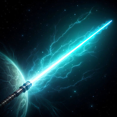 A glowing blue lightsaber ignites and extends diagonally across the frame, its bright beam cutting through the darkness of space. A planet, partially visible in the lower left corner, is illuminated by the lightsaber's intense glow. The background is filled with stars and faint cosmic nebulae, creating a science fiction atmosphere.の素材