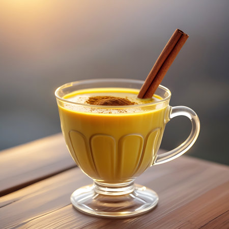 A close-up shot of a golden turmeric latte in a transparent glass mug, garnished with a cinnamon stick and a sprinkle of cinnamon powder. The warm, yellow-orange drink sits on a wooden table, bathed in soft sunlight, with a blurred background creating a gentle bokeh effect.の素材