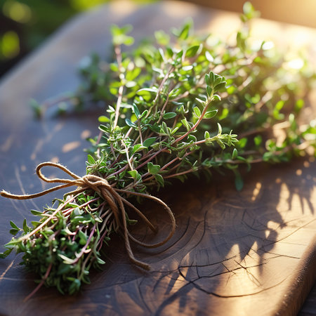 A close-up shot of a fresh bunch of thyme herbs, tied with natural twine, rests on a rustic wooden cutting board. Sunlight streams in, casting dappled shadows and highlighting the vibrant green leaves and textured wood grain. The image evokes a sense of natural freshness and culinary preparation.の素材