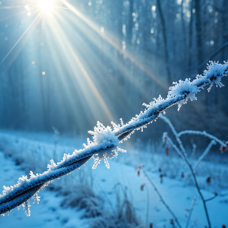 A close-up of a tree branch heavily covered in delicate frost crystals, resembling snowflakes, in a winter forest. Bright sunbeams pierce through the trees in the background, casting long, ethereal light rays across the snow-covered landscape. The scene is dominated by cool blue and white tones, conveying a sense of serene cold and natural beauty.の素材